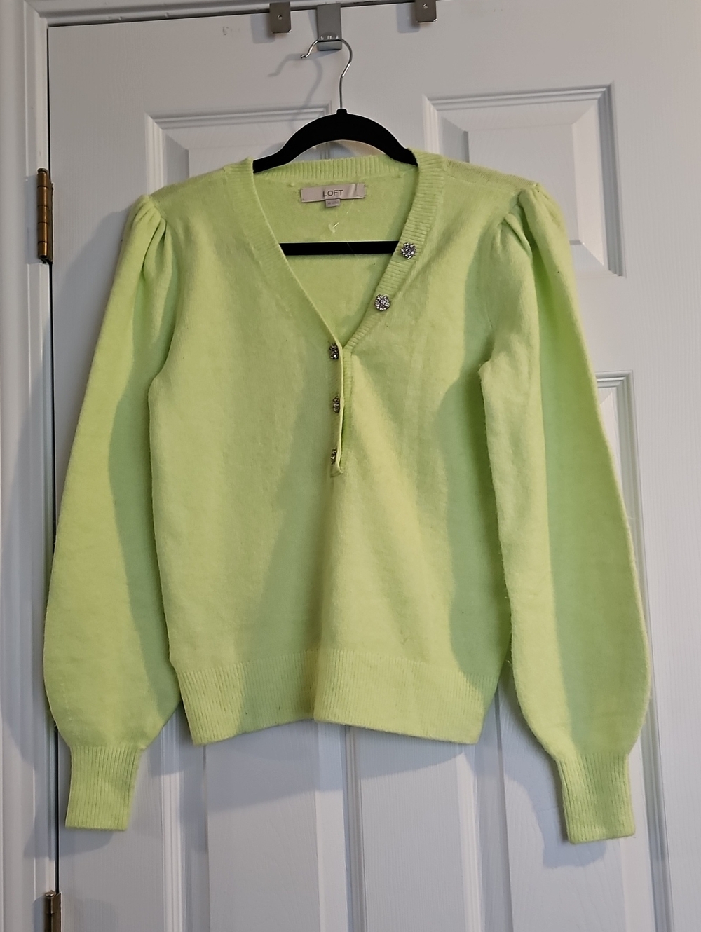 LOFT Lemon-Lime V-Neck Sweater with Crystal Buttons